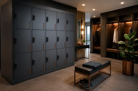 Bullocks Safes — a bank of steel electronic staff lockers with digital locks in a modern workplace