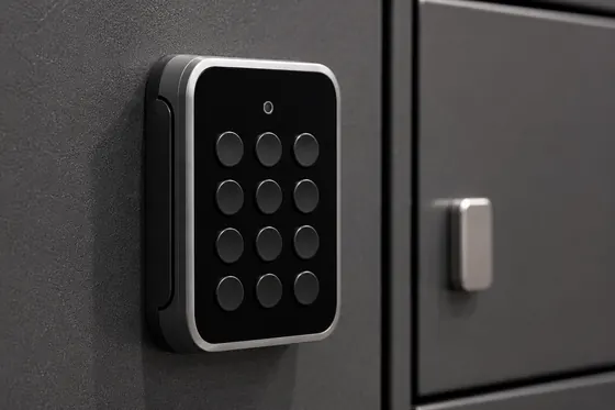 Close-up of the electronic keypad lock on an Olssen secure storage locker